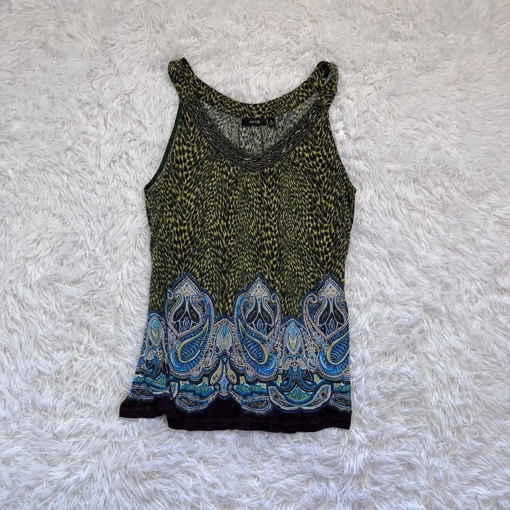🍟y2k green & blue peacock print beaded top medium